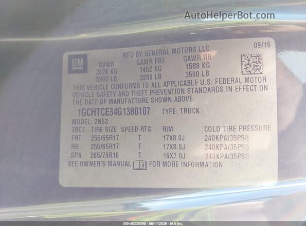 1GCHTCE34G1380107 2016 CHEVROLET COLORADO Gray Շարժիչի բաժամունքի տեսք
