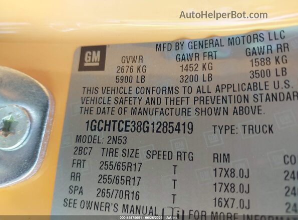 1GCHTCE38G1285419 2016 CHEVROLET COLORADO Желтый Вид подкапотного пространства