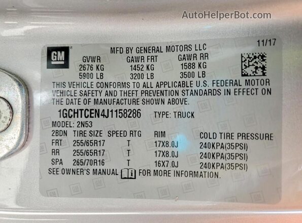 1GCHTCEN4J1158286 2018 CHEVROLET COLORADO Серебряный Вид наклейки с VIN-кодом