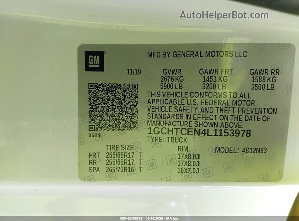 1GCHTCEN4L1153978 2020 CHEVROLET COLORADO Белый 
