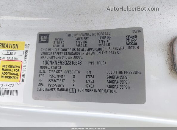 1GCNKNEH2GZ316548 2016 CHEVROLET SILVERADO White 