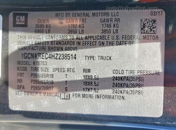 1GCNKREC4HZ238514 2017 CHEVROLET SILVERADO Black VIN კოდის სტიკერის ხედი
