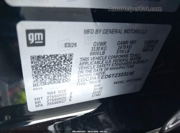 1GCPAEED6TZ333145 2026 CHEVROLET SILVERADO Black Widok komory silnika