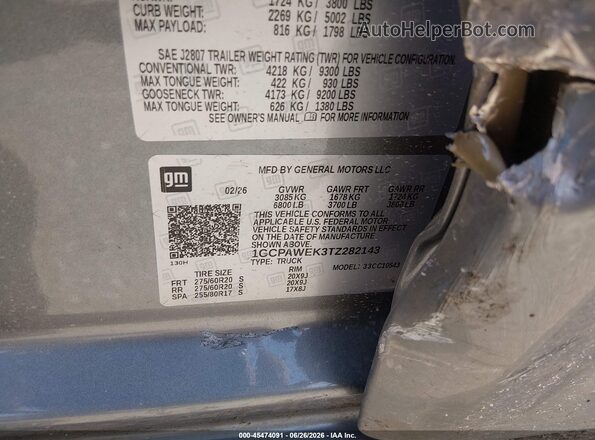 1GCPAWEK3TZ282143 2026 CHEVROLET SILVERADO Gray Vista del compartimento del motor