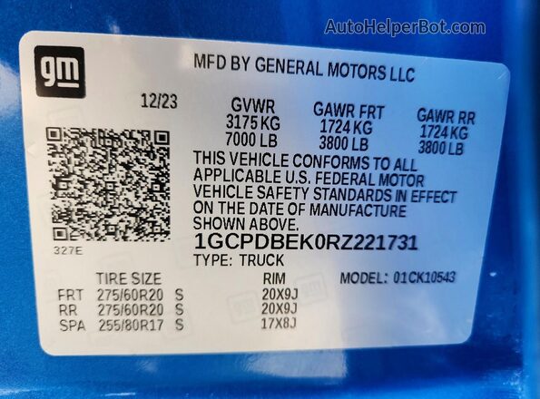 1GCPDBEK0RZ221731 2024 CHEVROLET SILVERADO Blue Vista de la etiqueta del VIN