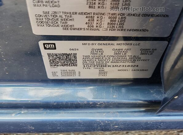 1GCPDBEK1RZ318324 2024 CHEVROLET SILVERADO Blue Widok naklejki z numerem VIN