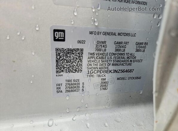 1GCPDBEK3NZ564687 2022 CHEVROLET SILVERADO Silver Widok naklejki z numerem VIN