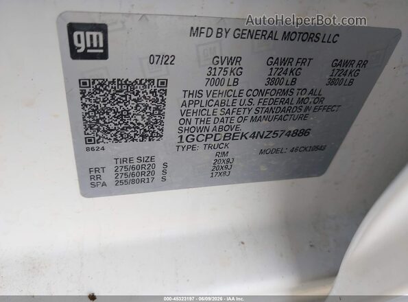 1GCPDBEK4NZ574886 2022 CHEVROLET SILVERADO White Вид підкапотного простору