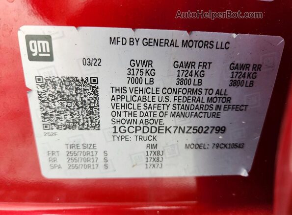 1GCPDDEK7NZ502799 2022 CHEVROLET SILVERADO Красный Вид подкапотного пространства