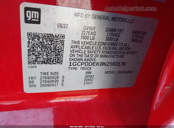 1GCPDDEK8NZ593176 2022 CHEVROLET SILVERADO Red Vista del compartimento del motor