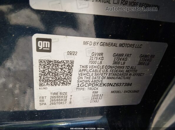 1GCPDKEK0NZ637384 2022 CHEVROLET SILVERADO Синий Вид подкапотного пространства