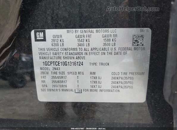 1GCPTCE10G1316124 2016 CHEVROLET COLORADO Черный 