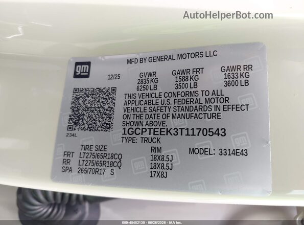 1GCPTEEK3T1170543 2026 CHEVROLET COLORADO Cream ძრავის განყოფილების ხედი