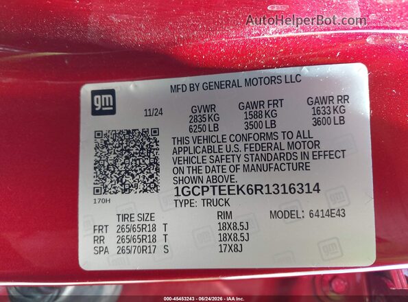 1GCPTEEK6R1316314 2024 CHEVROLET COLORADO Red Вид підкапотного простору