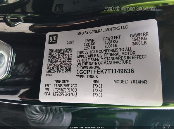 1GCPTFEK7T1149636 2026 CHEVROLET COLORADO Black Widok komory silnika