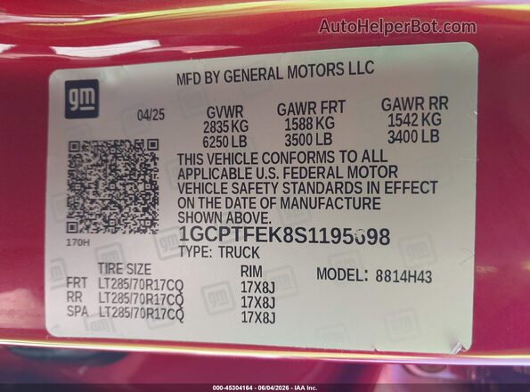 1GCPTFEK8S1195698 2025 CHEVROLET COLORADO Red Vista del compartimento del motor