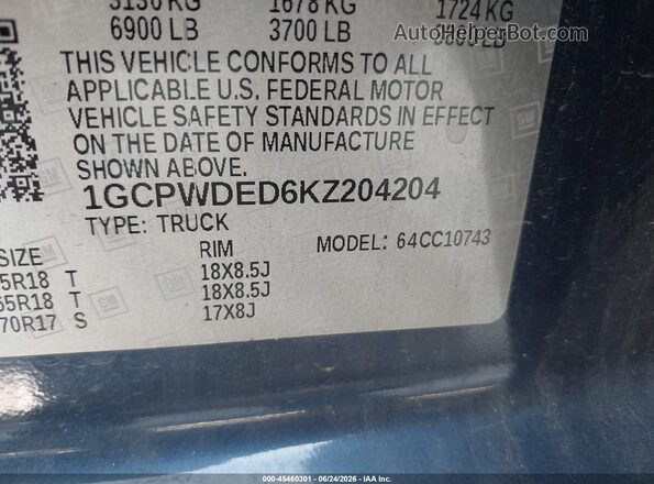 1GCPWDED6KZ204204 2019 CHEVROLET SILVERADO Blue ძრავის განყოფილების ხედი