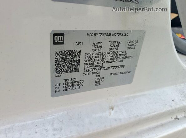 1GCPYFED3MZ308299 2021 CHEVROLET SILVERADO White Vista del compartimento del motor