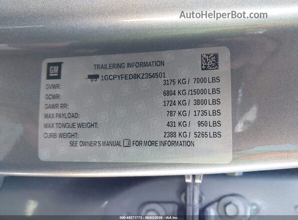 1GCPYFED8KZ354501 2019 CHEVROLET SILVERADO Gray Widok komory silnika