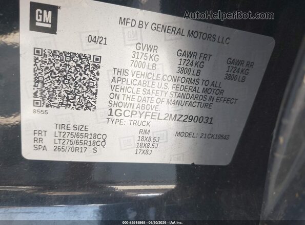 1GCPYFEL2MZ290031 2021 CHEVROLET SILVERADO Black Вид підкапотного простору