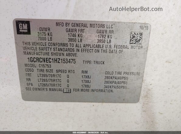 1GCRCNEC1HZ153475 2017 CHEVROLET SILVERADO White Вид підкапотного простору