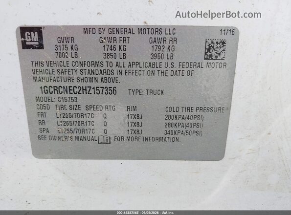 1GCRCNEC2HZ157356 2017 CHEVROLET SILVERADO White ძრავის განყოფილების ხედი