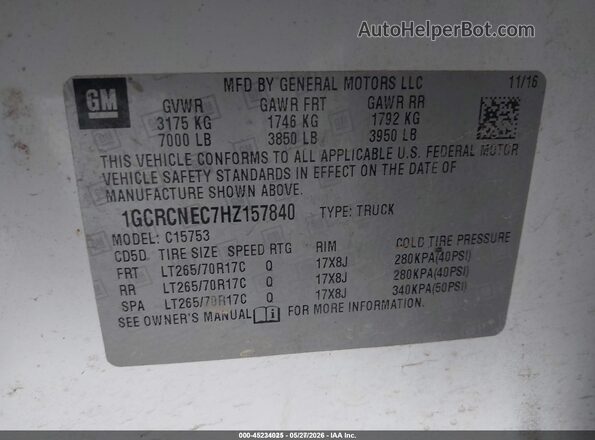 1GCRCNEC7HZ157840 2017 CHEVROLET SILVERADO White Engine compartment view