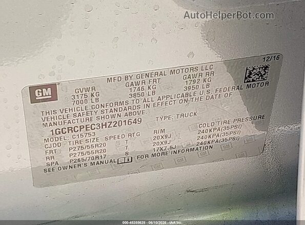 1GCRCPEC3HZ201649 2017 CHEVROLET SILVERADO Silver 