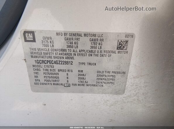 1GCRCPEC4GZ228812 2016 CHEVROLET SILVERADO Silver ძრავის განყოფილების ხედი