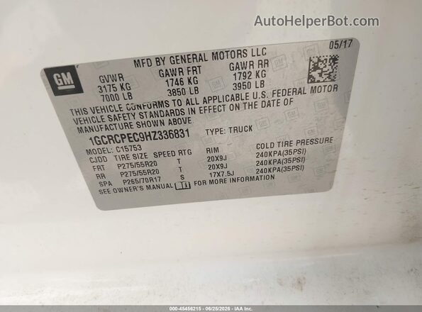 1GCRCPEC9HZ336831 2017 CHEVROLET SILVERADO White Vista del compartimento del motor
