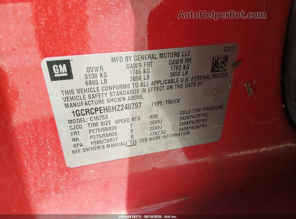 1GCRCPEH6HZ248797 2017 CHEVROLET SILVERADO Red Vista del compartimento del motor