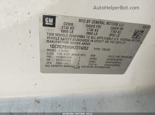 1GCRCPEH9HZ274262 2017 CHEVROLET SILVERADO White Widok komory silnika