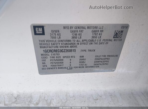1GCRCREC0GZ260815 2016 CHEVROLET SILVERADO White Շարժիչի բաժամունքի տեսք