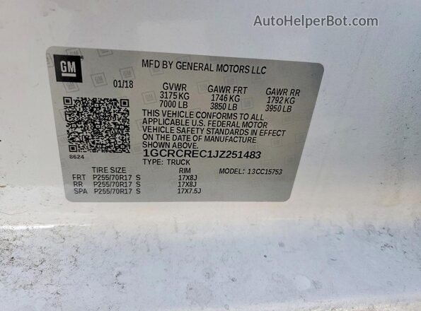 1GCRCREC1JZ251483 2018 CHEVROLET SILVERADO White VIN sticker view