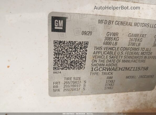 1GCRWAEH2MZ115758 2021 CHEVROLET SILVERADO White Engine compartment view