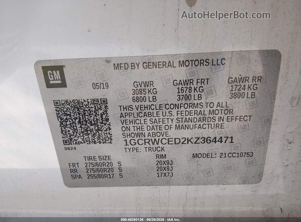 1GCRWCED2KZ364471 2019 CHEVROLET SILVERADO White Вид підкапотного простору