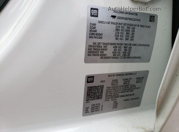 1GCRYAEF9MZ347475 2021 CHEVROLET SILVERADO White 