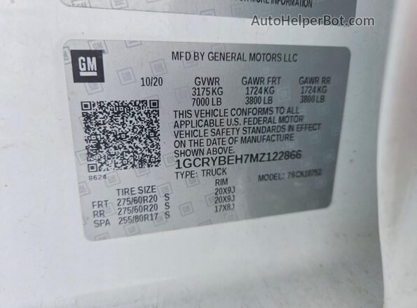 1GCRYBEH7MZ122866 2021 CHEVROLET SILVERADO Белый Вид наклейки с VIN-кодом