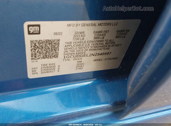 1GCUDGEL2NZ540597 2022 CHEVROLET SILVERADO Синий Вид подкапотного пространства