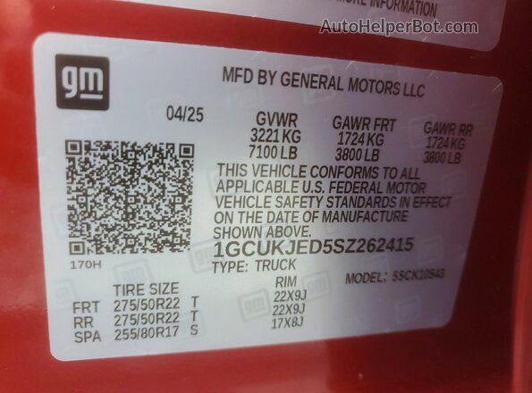 1GCUKJED5SZ262415 2025 CHEVROLET SILVERADO Красный Вид наклейки с VIN-кодом