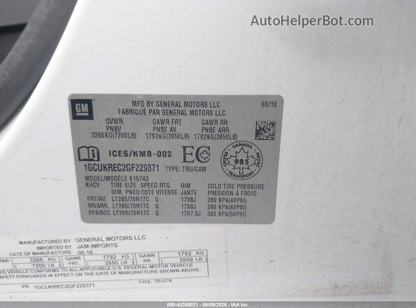 1GCUKREC2GF229371 2016 CHEVROLET SILVERADO White 