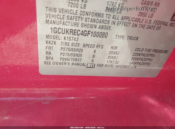 1GCUKREC4GF100080 2016 CHEVROLET SILVERADO Красный Вид задних сидений