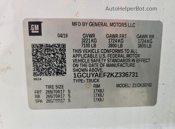 1GCUYAEF2KZ336731 2019 CHEVROLET SILVERADO White Vista del compartimento del motor