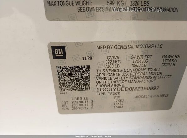 1GCUYDED0MZ150897 2021 CHEVROLET SILVERADO White Engine compartment view