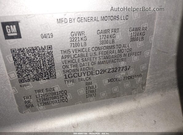 1GCUYDED2KZ327737 2019 CHEVROLET SILVERADO Silver Engine compartment view