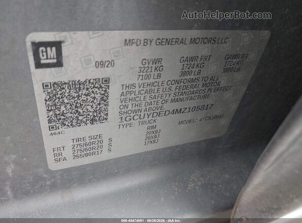 1GCUYDED4MZ105817 2021 CHEVROLET SILVERADO Gray Вид підкапотного простору