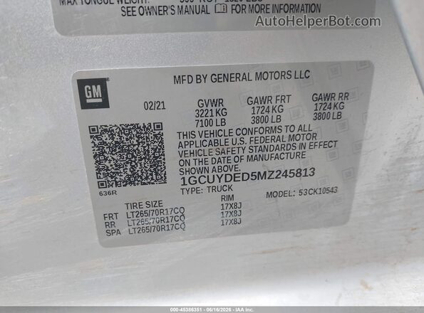 1GCUYDED5MZ245813 2021 CHEVROLET SILVERADO Silver 