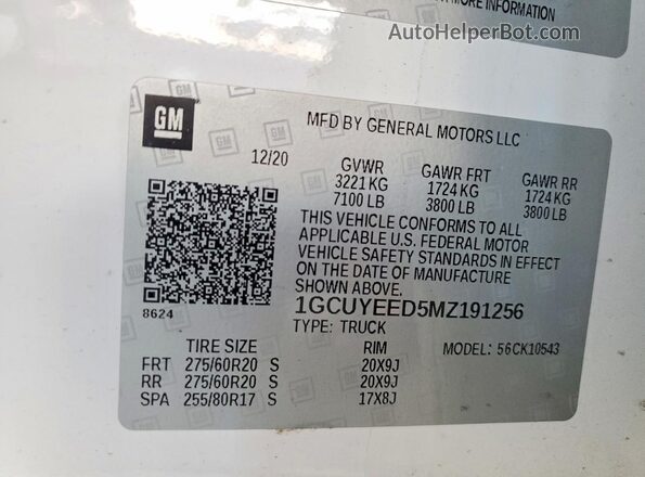 1GCUYEED5MZ191256 2021 CHEVROLET SILVERADO White VIN კოდის სტიკერის ხედი