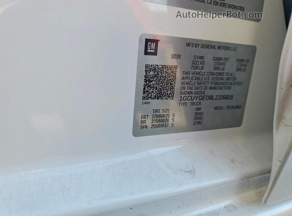 1GCUYGED8LZ236815 2020 CHEVROLET SILVERADO White VIN კოდის სტიკერის ხედი