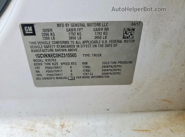 1GCVKNEC0HZ315565 2017 CHEVROLET SILVERADO White 